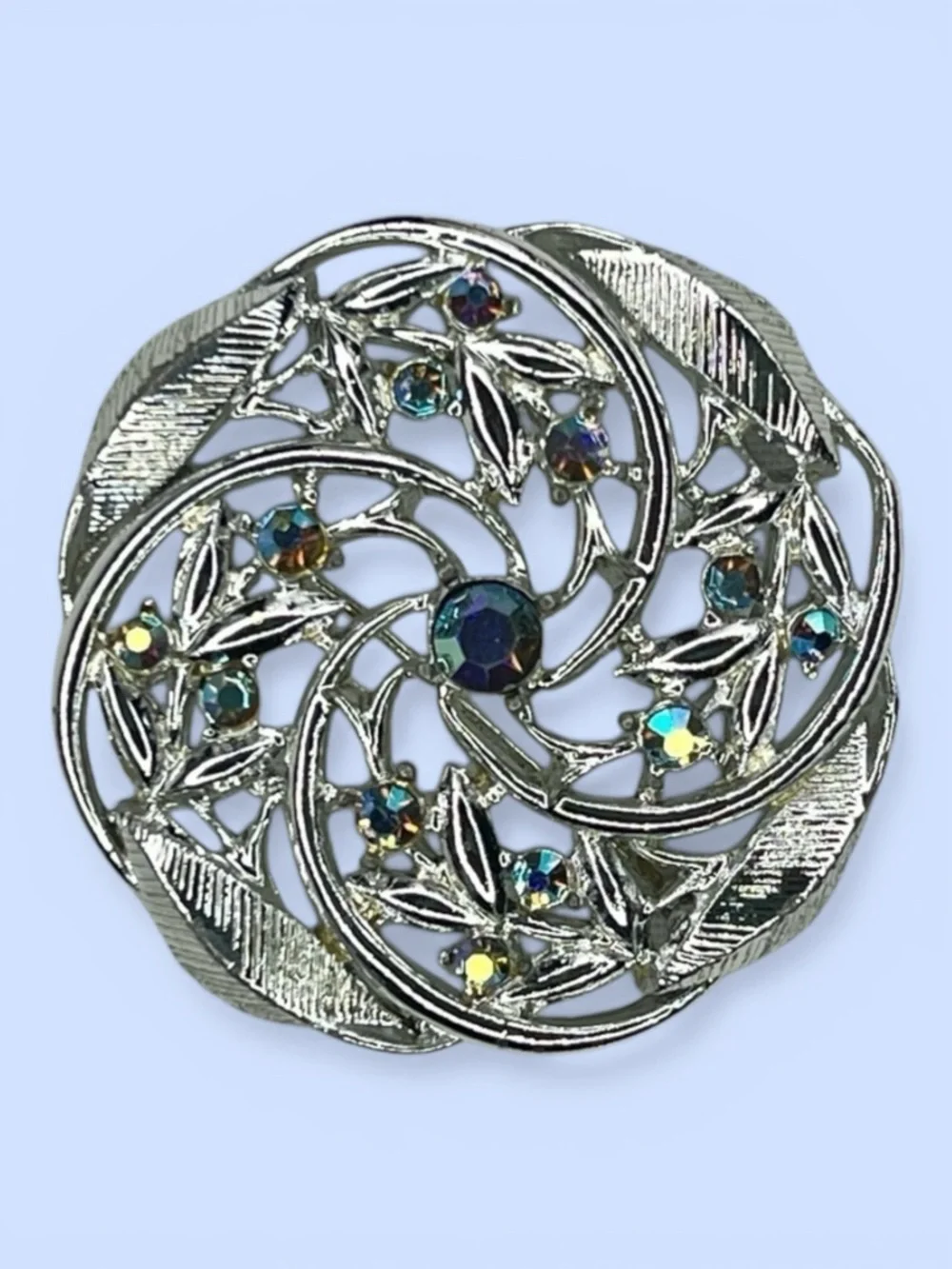 VTG‎ Brooch Aurora Borealis Rhinestones Round Silver-tone Rhodium Back